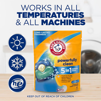 Arm & Hammer Clean Burst 5-in-1 Laundry Power Paks – Family Laundry Room Workhorse, 42-Count Concentrated Detergent