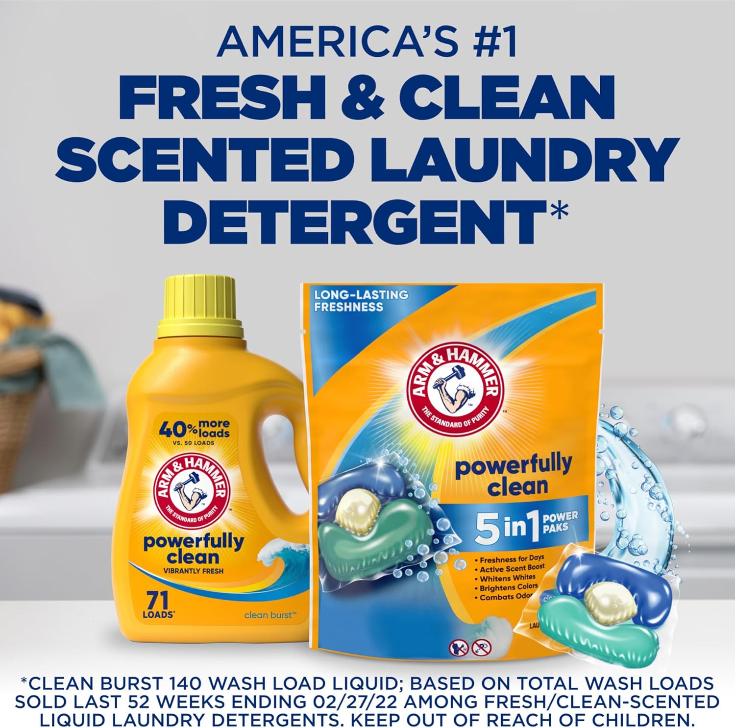 Arm & Hammer Clean Burst 5-in-1 Laundry Power Paks – Family Laundry Room Workhorse, 42-Count Concentrated Detergent