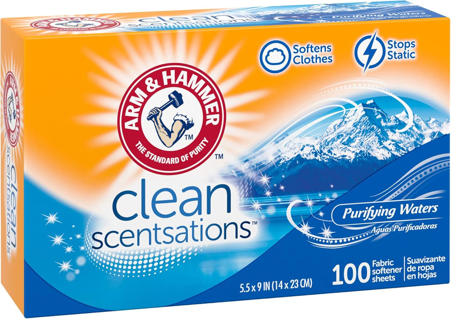 ARM & HAMMER Fabric Softener Sheets, 100 sheets, Purifying Waters – Simple Single-Box Laundry Essential