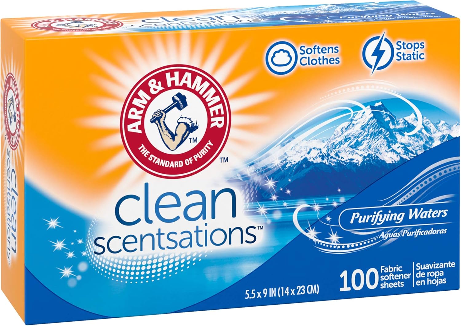 ARM & HAMMER Fabric Softener Sheets, 100 sheets, Purifying Waters – Simple Single-Box Laundry Essential