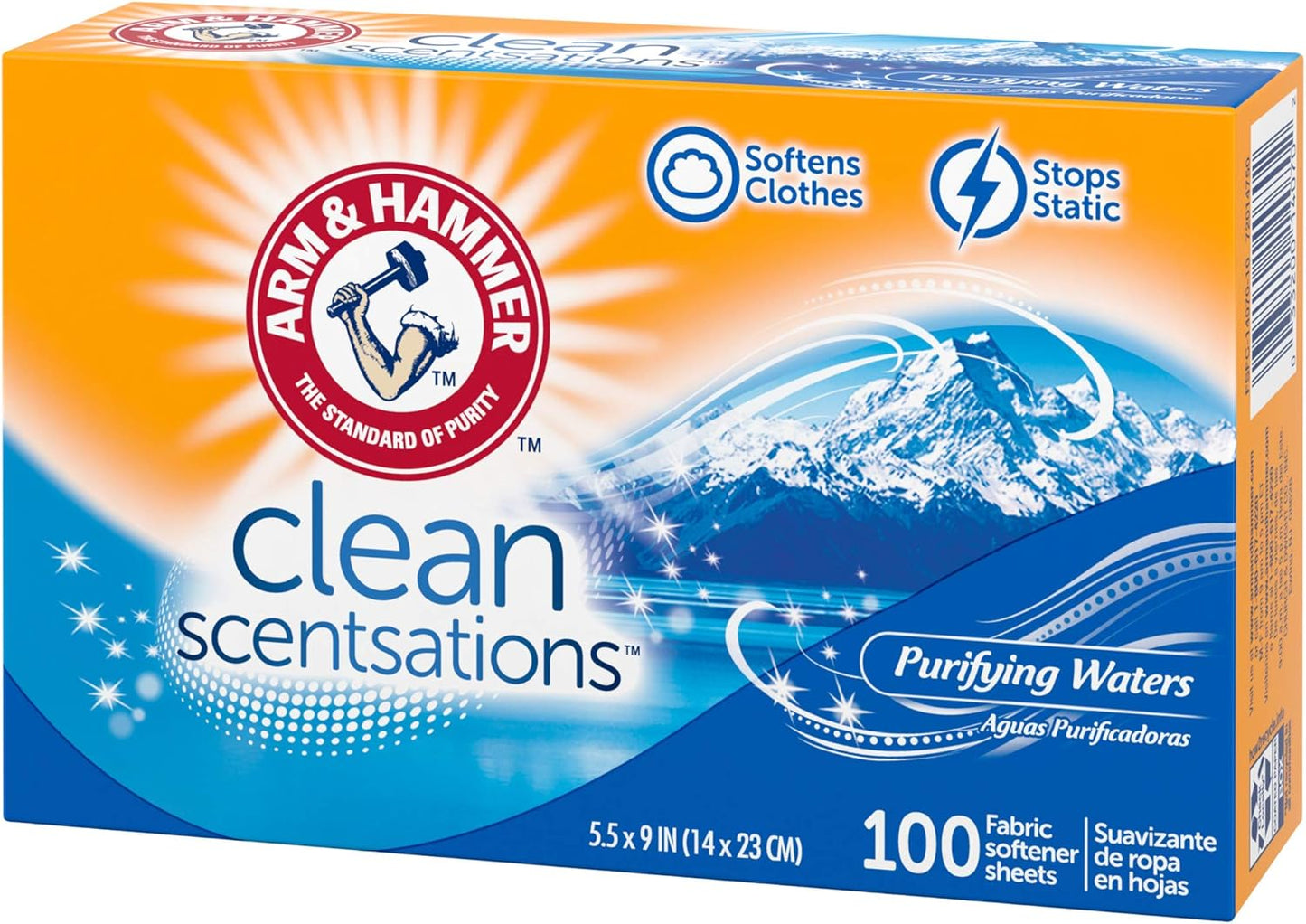 ARM & HAMMER Fabric Softener Sheets, 100 sheets, Purifying Waters – Simple Single-Box Laundry Essential