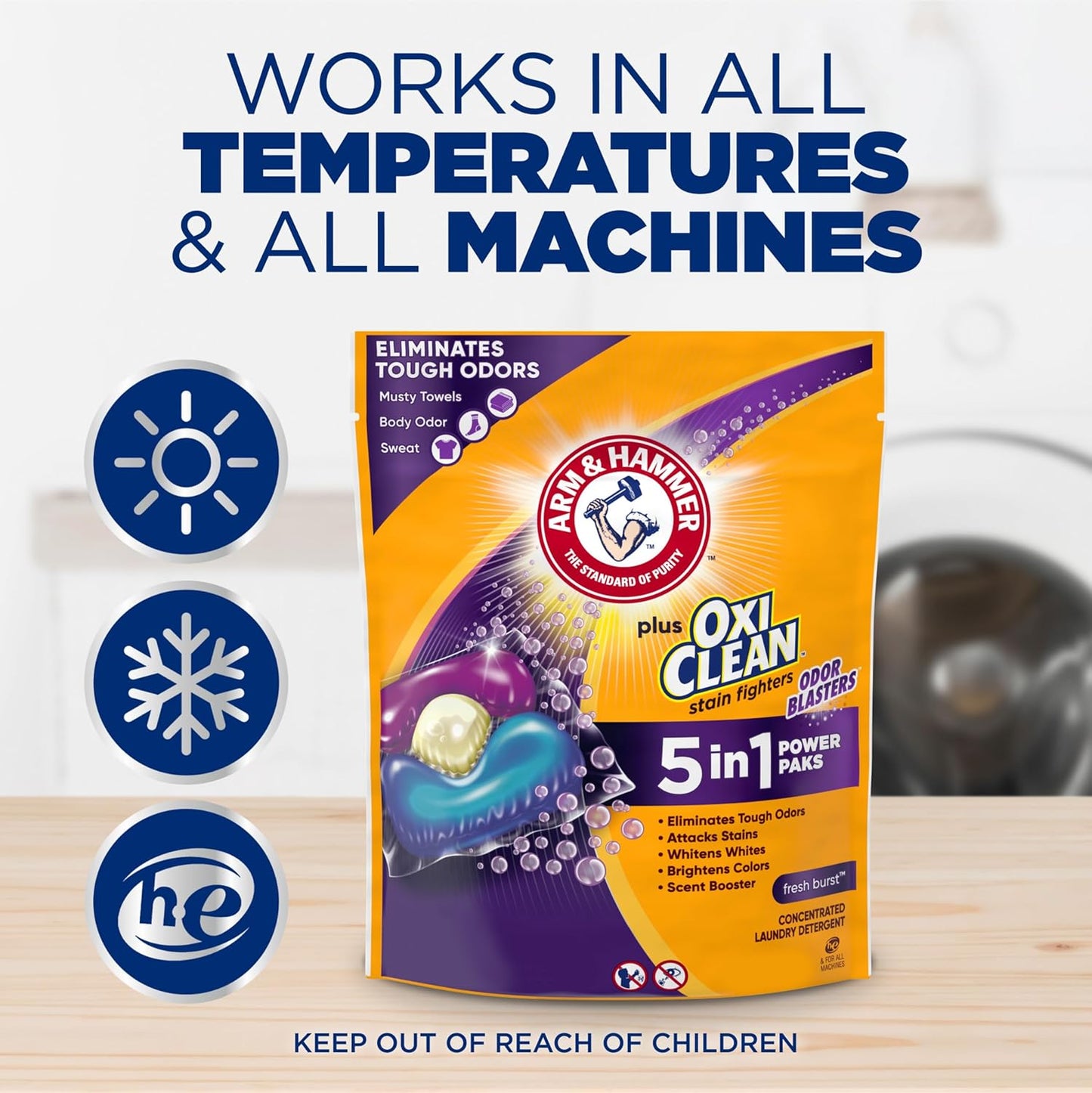 Arm & Hammer Plus OxiClean 5-in-1 Laundry Detergent Power Paks – Shared Laundry Room Time-Saver for Professionals on Tight Schedules, No Measuring Drop-and-Go Paks