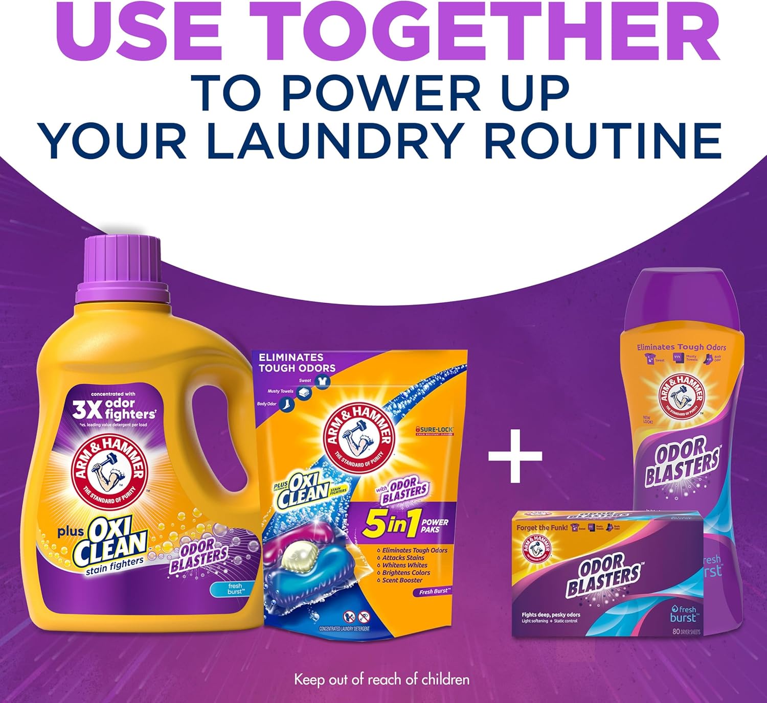 ARM & HAMMER Plus OxiClean Odor Blasters Laundry Detergent for Efficient Home Office Laundry Routine, 128 Loads HE Liquid for Focus Friendly Freshness