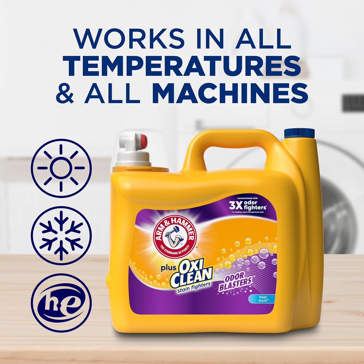 ARM & HAMMER Plus OxiClean Odor Blasters Laundry Detergent for Efficient Home Office Laundry Routine, 128 Loads HE Liquid for Focus Friendly Freshness