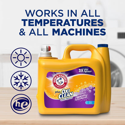 ARM & HAMMER Plus OxiClean Odor Blasters Laundry Detergent for Efficient Home Office Laundry Routine, 128 Loads HE Liquid for Focus Friendly Freshness