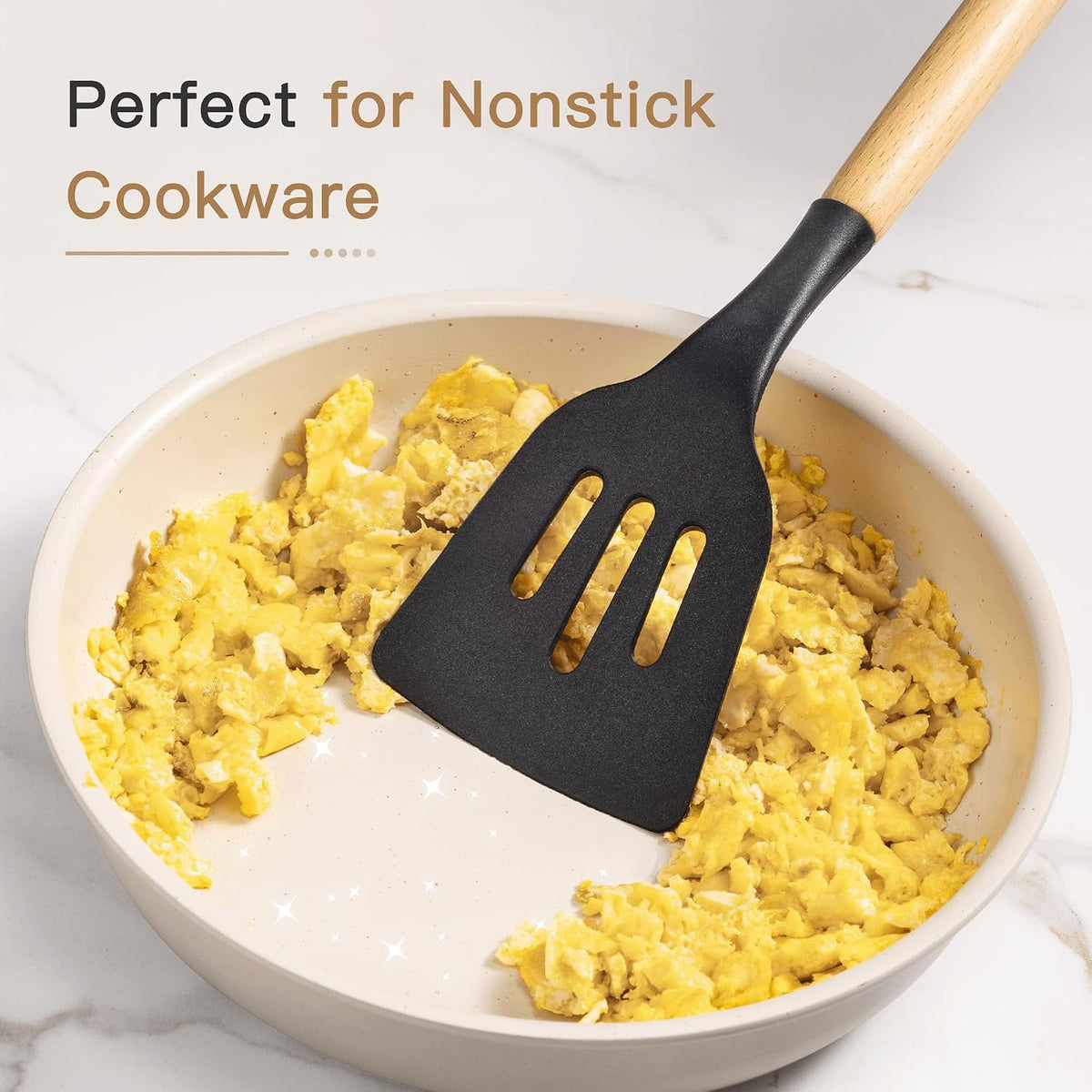 Astercook All-in-One Silicone Utensil Collection with Wooden Handle — Neutral Black & Cream Tools for a Clean, Uncluttered Counter