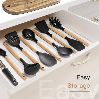 Astercook All-in-One Silicone Utensil Collection with Wooden Handle — Neutral Black & Cream Tools for a Clean, Uncluttered Counter