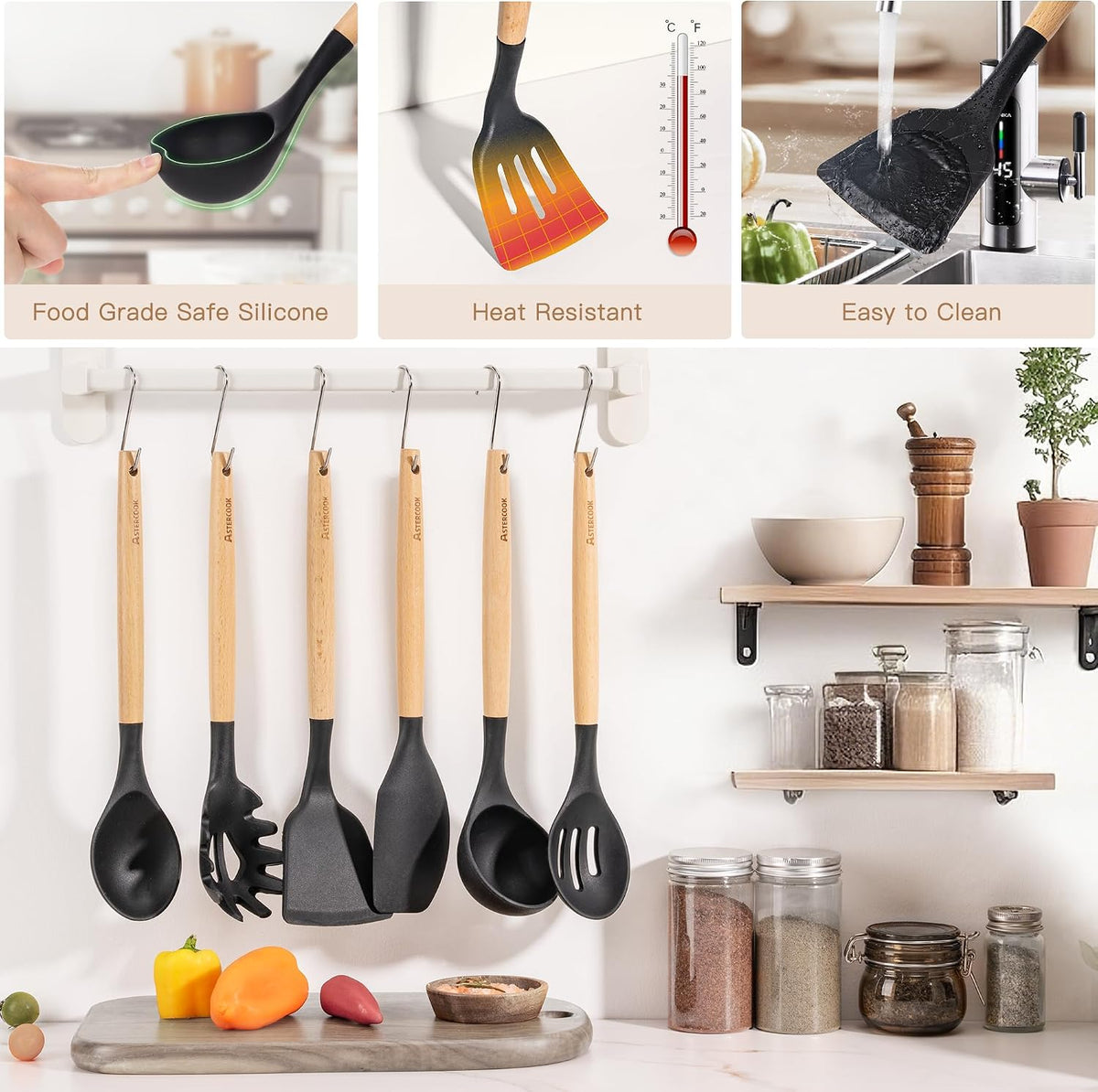 Astercook All-in-One Silicone Utensil Collection with Wooden Handle — Neutral Black & Cream Tools for a Clean, Uncluttered Counter