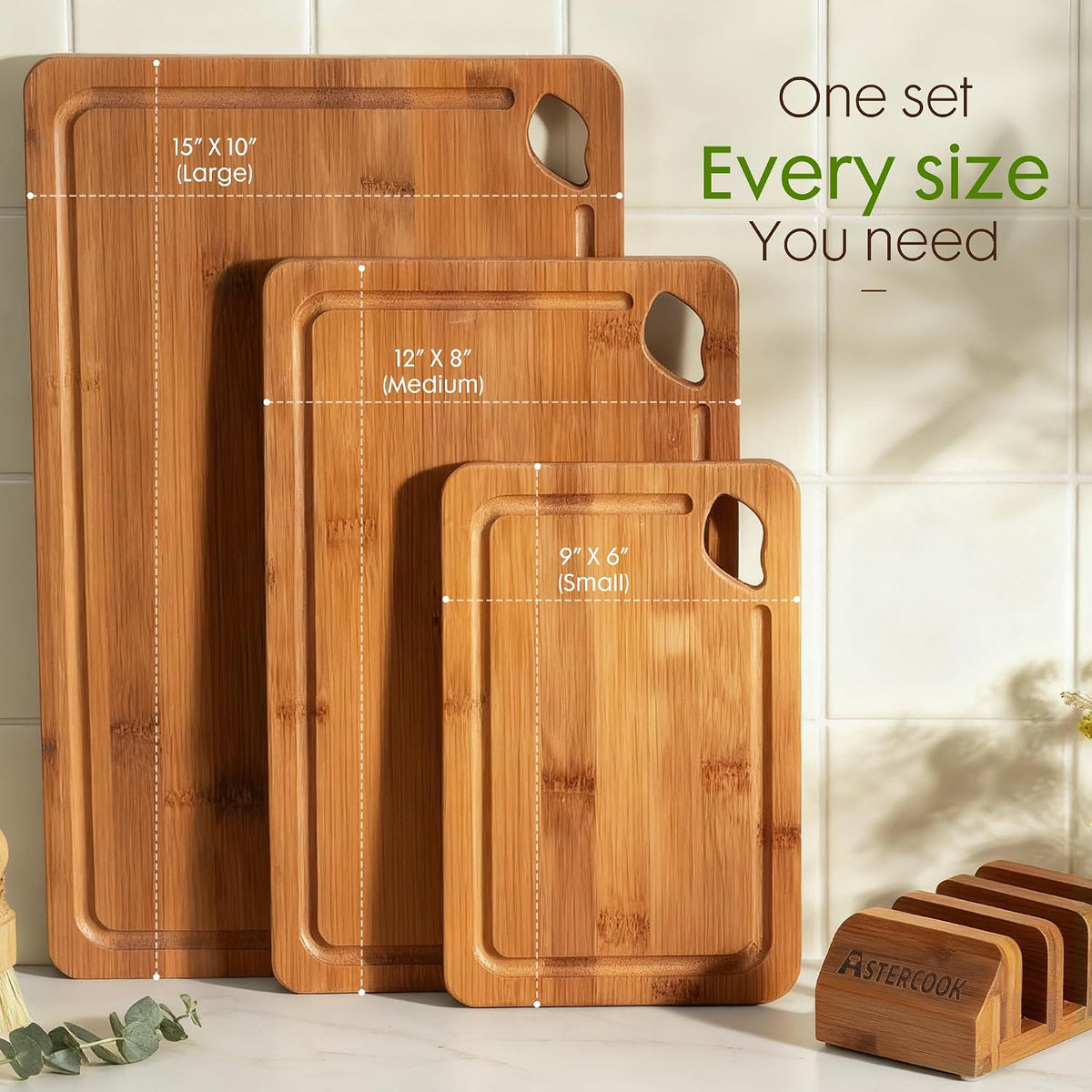 Astercook Natural Bamboo Cutting Board Trio – Effortless Everyday Organization for Capsule Kitchens, Matching Storage Stand