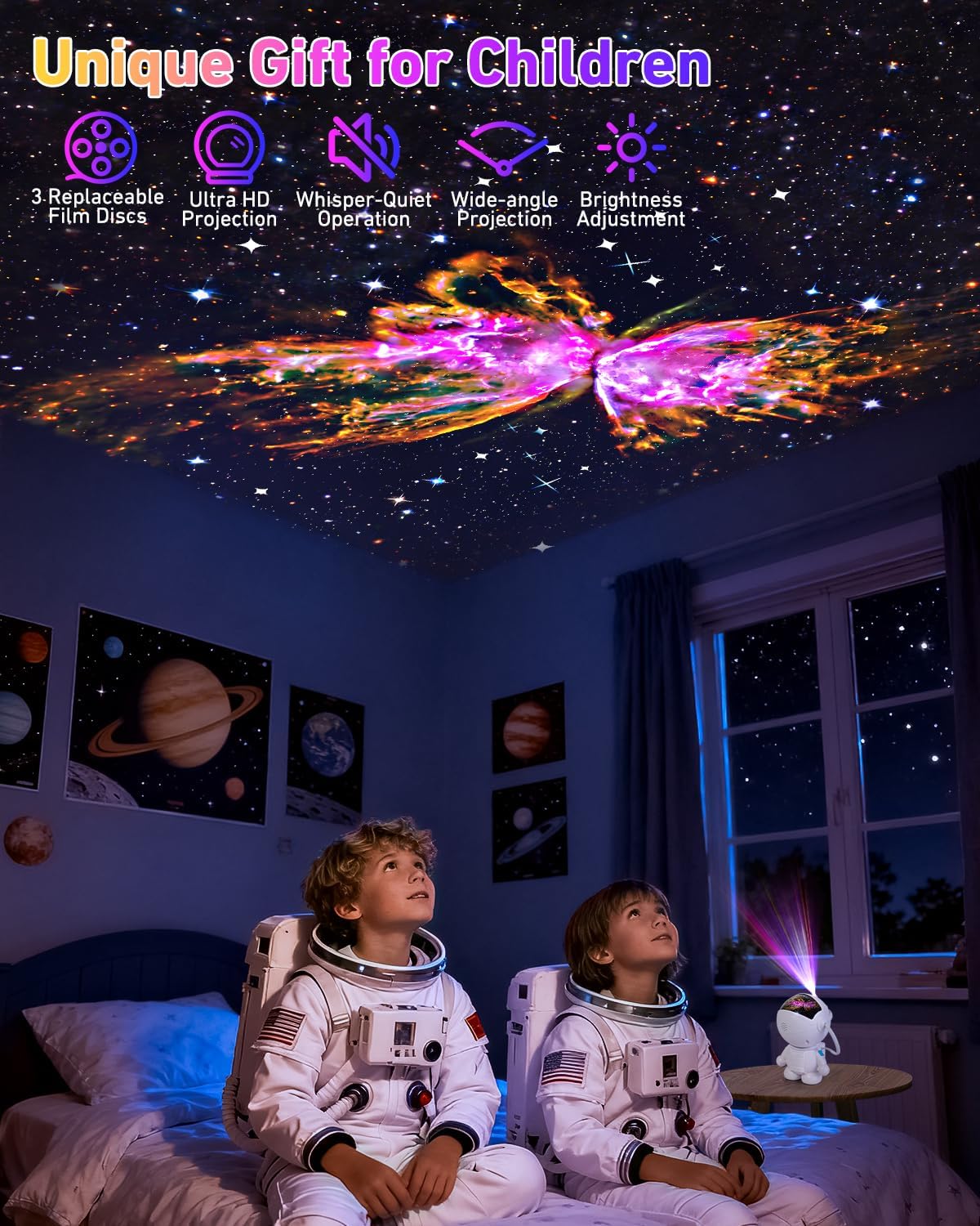AstroLume Star Projector for Children Bedroom – Safe USB-C Night Light with 360° Rotating Magnetic Head for Boys and Girls