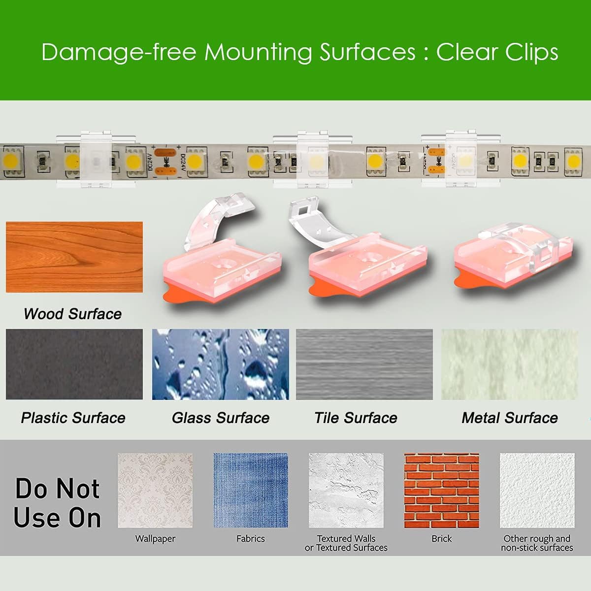 ATB Weatherproof LED Strip Mounting Clips for Backyard Patio Lighting and Outdoor String Strip Setup, 100 Pack Clear Brackets
