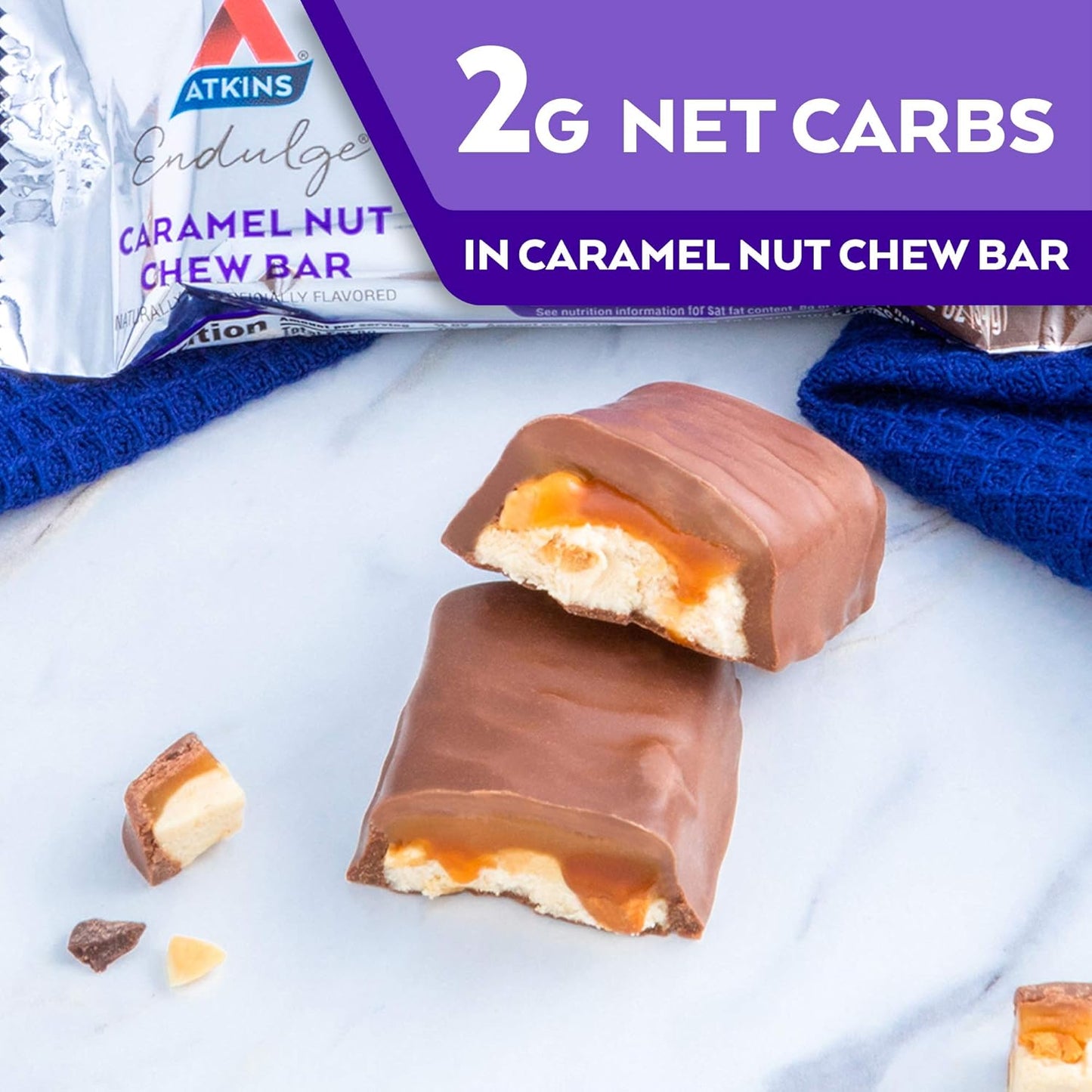 Atkins Endulge Caramel Nut Chew Bar – Self-Care Pantry Treat for Low-Carb Wellness Routines, High Fiber Snack