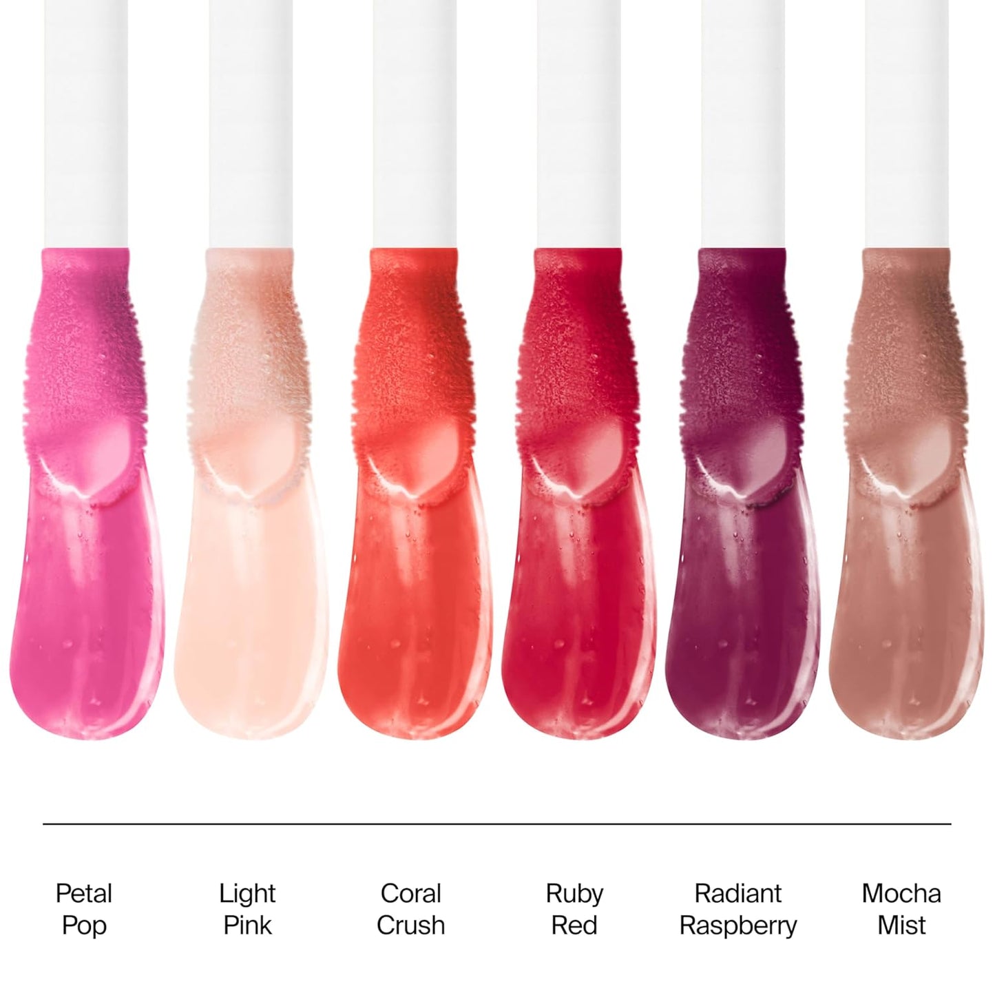 available in 6 tinted shades: light pink, mocha mist, petal pop, ruby red, radiant raspberry, and coral crush