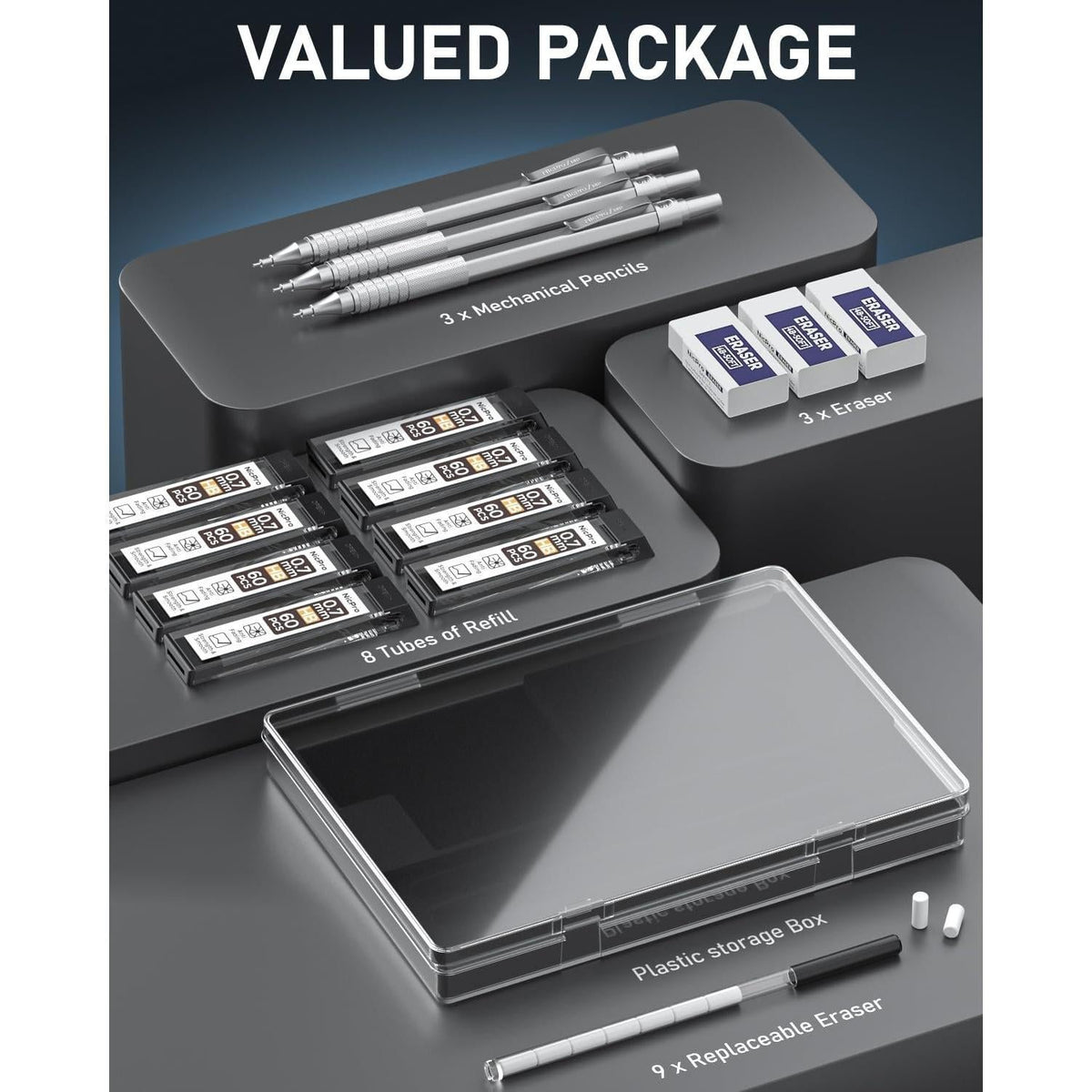 available in silver, black, and black&silver modern finishes across 0.5mm, 0.7mm, and 0.9mm lead sizes