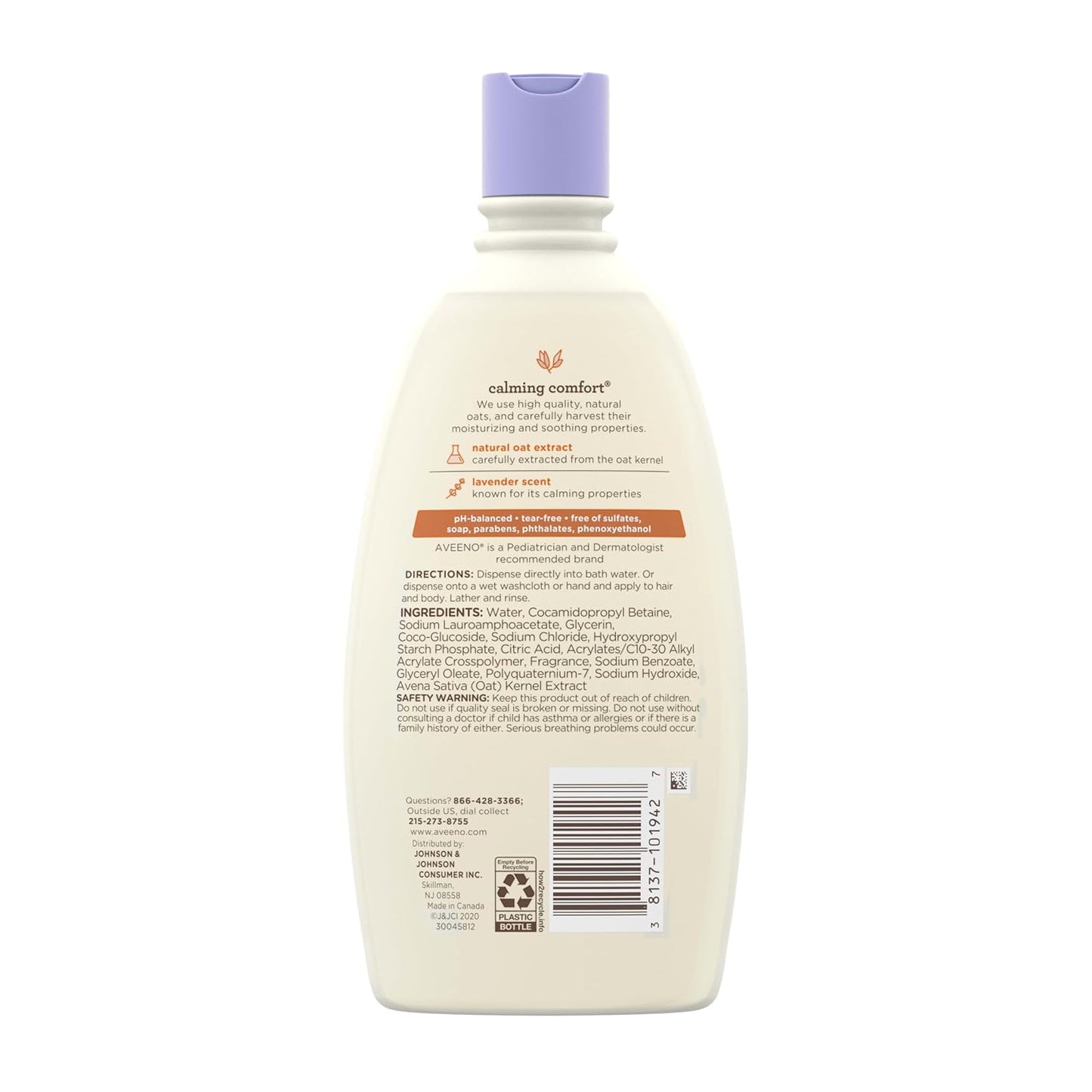 Aveeno Baby Calming Lavender Vanilla Wash – Hypoallergenic 2-in-1 Hair and Body Cleanser Safe for Delicate Newborn Skin
