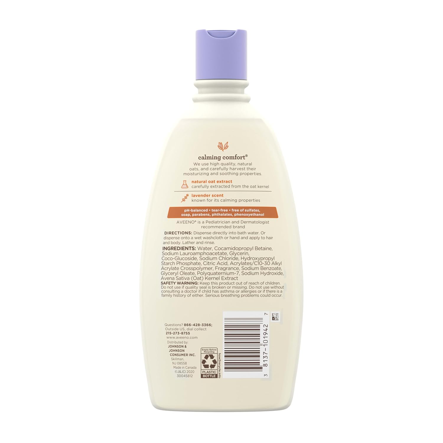 Aveeno Baby Calming Lavender Vanilla Wash – Hypoallergenic 2-in-1 Hair and Body Cleanser Safe for Delicate Newborn Skin