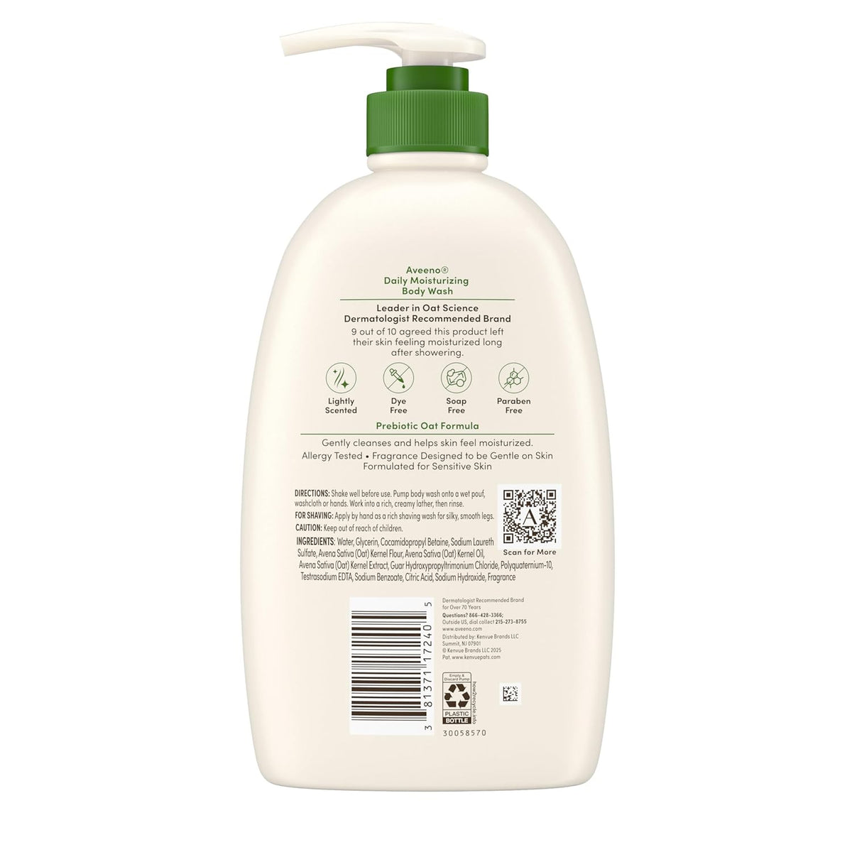 Aveeno Daily Moisturizing Body Wash with Prebiotic Oat – Soap-Free, Dye-Free Body Wash Safe for Kids' Bath Routine, 33 fl oz