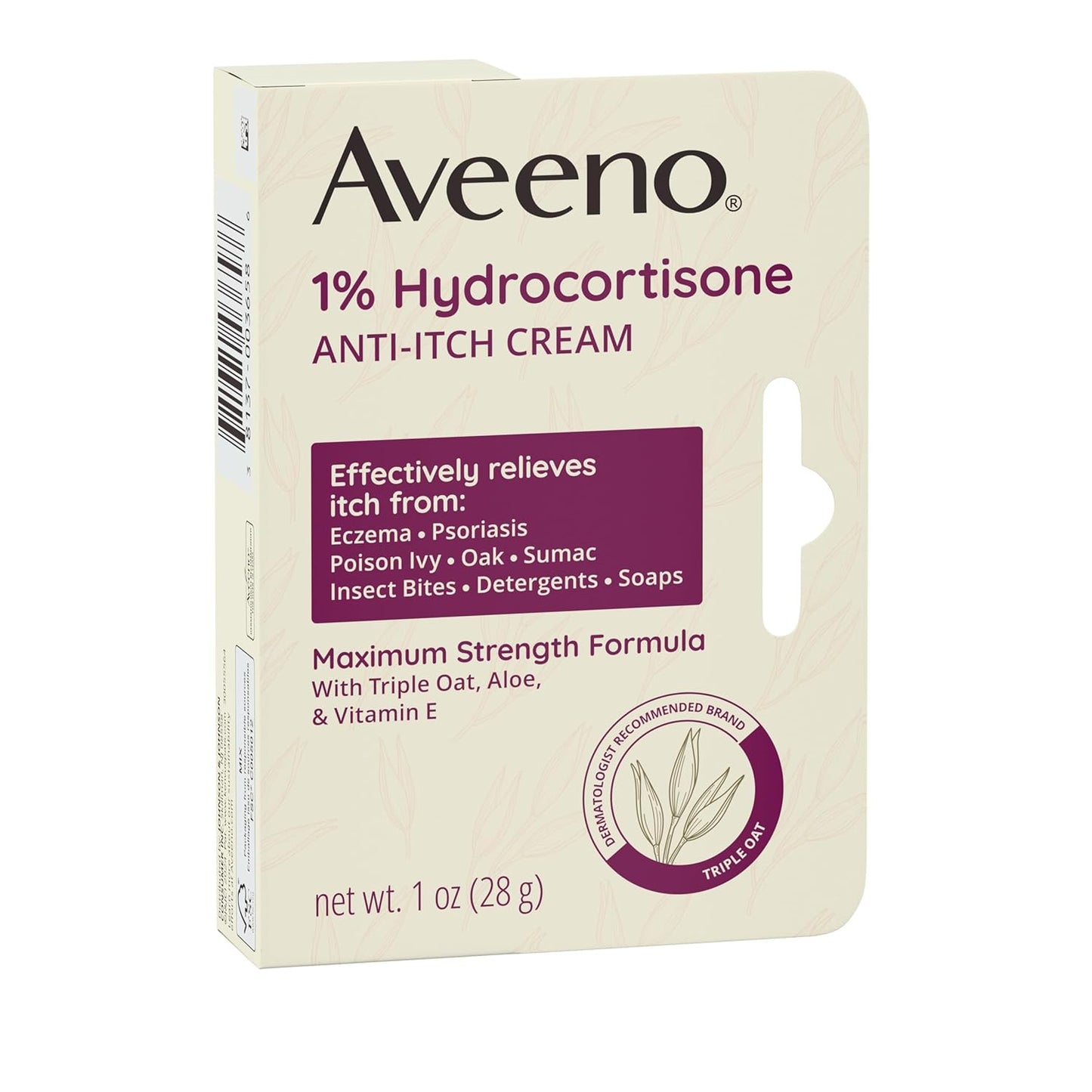 Aveeno Maximum Strength 1% Hydrocortisone Anti-Itch Cream, Dye-Free & Non-Comedogenic for Sensitive Reactive Skin, 1 oz 2 Pack