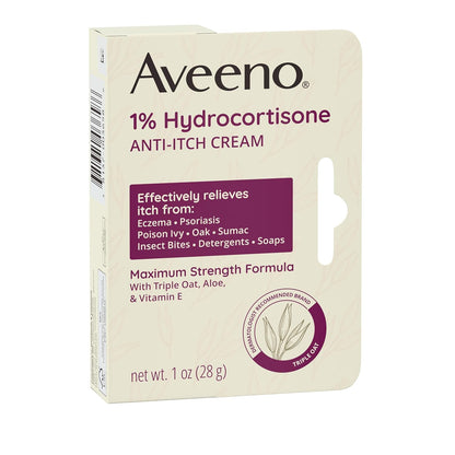 Aveeno Maximum Strength 1% Hydrocortisone Anti-Itch Cream, Dye-Free & Non-Comedogenic for Sensitive Reactive Skin, 1 oz 2 Pack