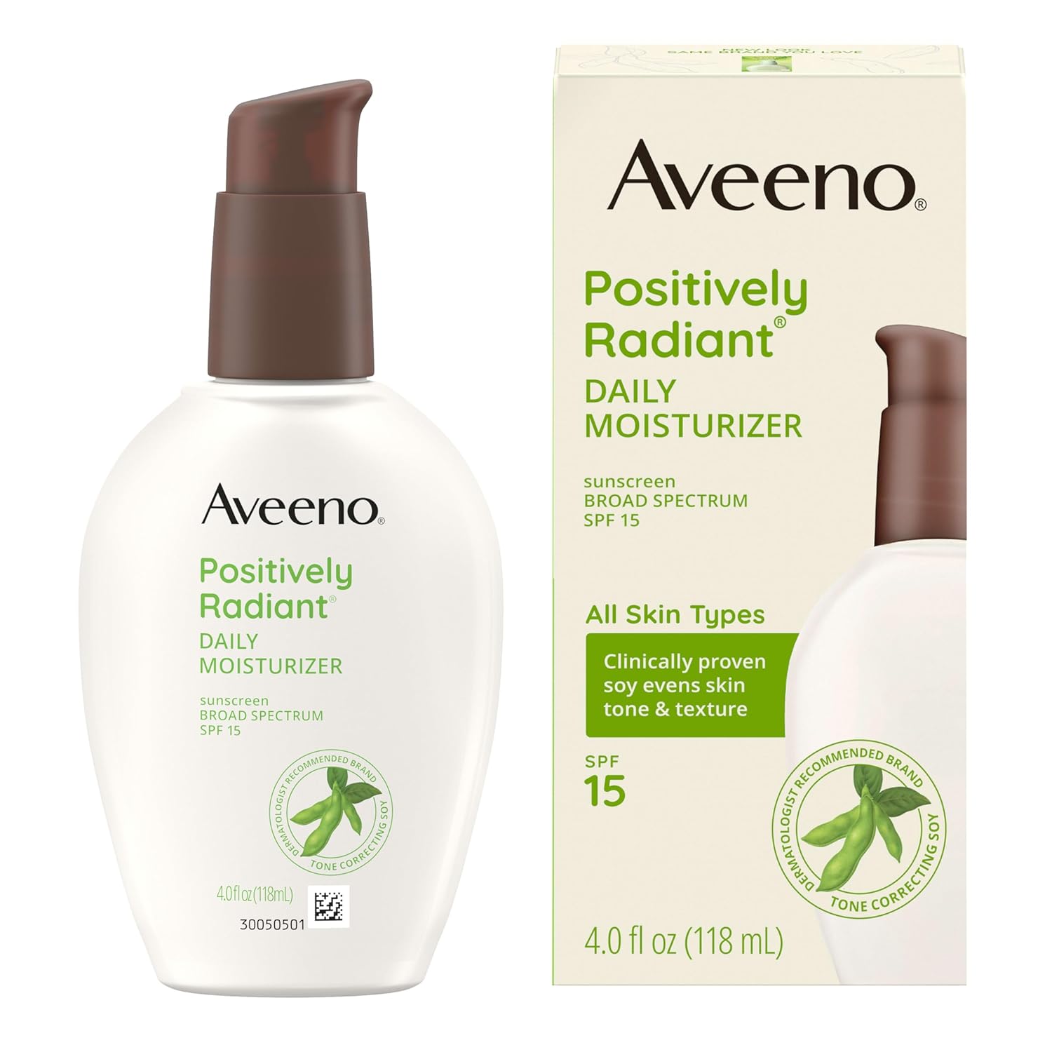 Aveeno Positively Radiant SPF 15 Daily Moisturizer – Streamlined Two-in-One Step for a Simple Vanity Shelf