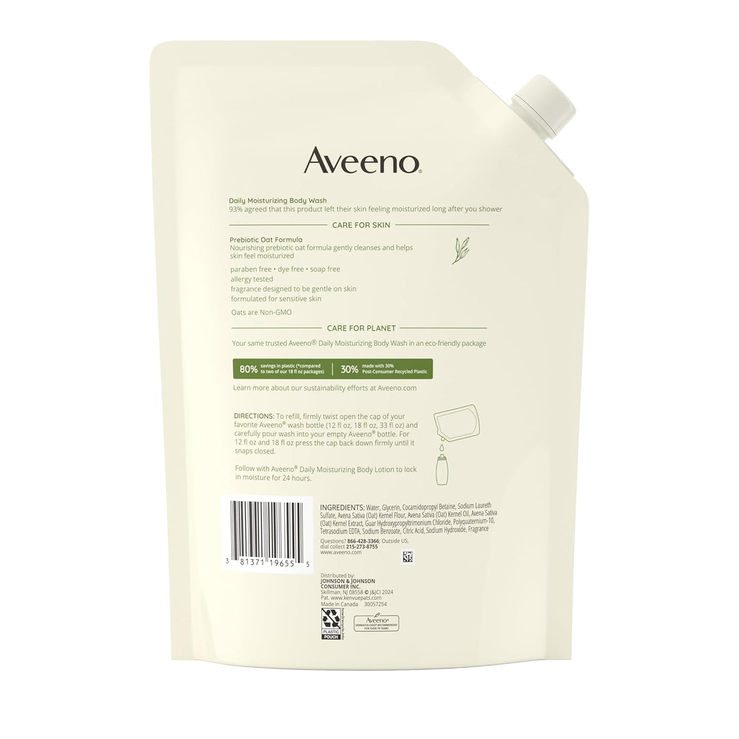 Aveeno Prebiotic Oat Wash – Simple, Plastic-Free Refill Pouch for Minimal Bathrooms