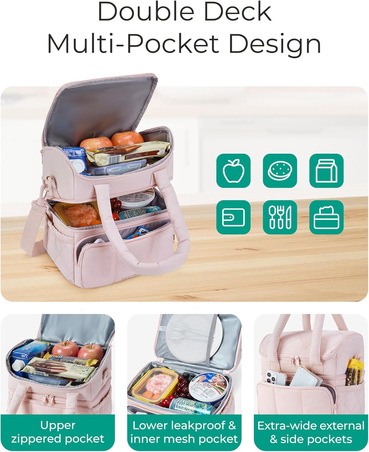 BAGSMART Double Deck Lunch Tote – Lightweight Cooler Bag for Camping Hiking and Outdoor Dining