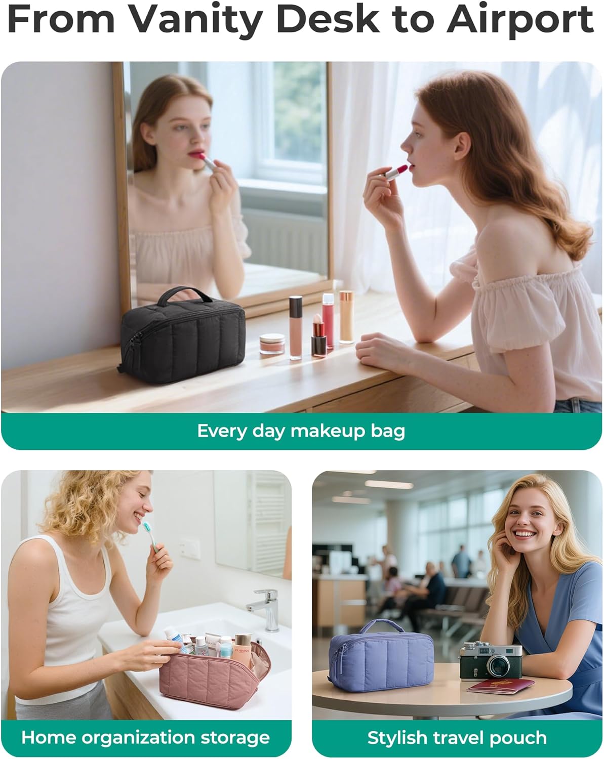 BAGSMART Makeup Organizer – Premium Mother's Day Present, Quilted Vanity Pouch with Brush Holder