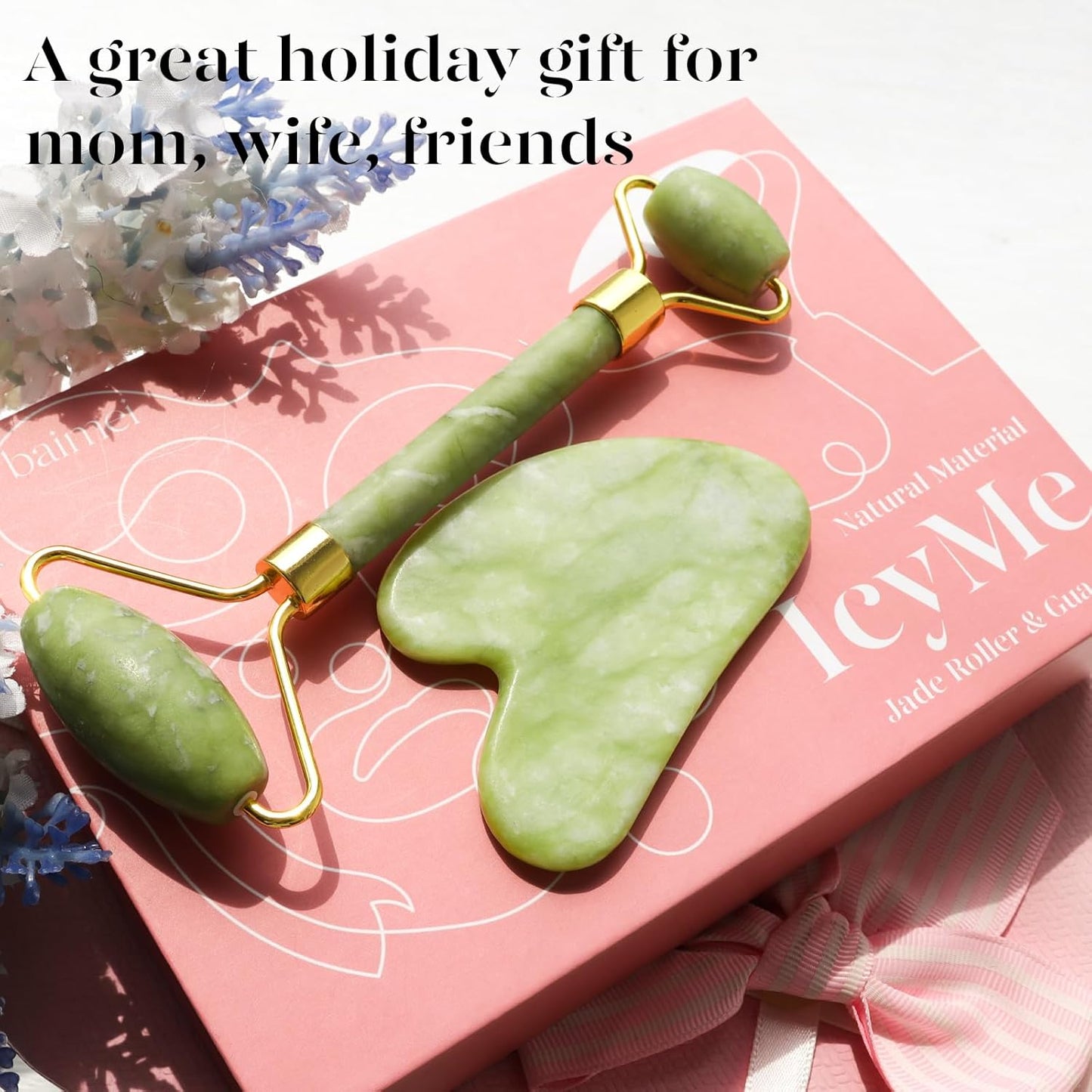 BAIMEI IcyMe Gua Sha & Jade Roller Set – Calming Bedtime Ritual for Stress Relief, Evening Facial Tension Release