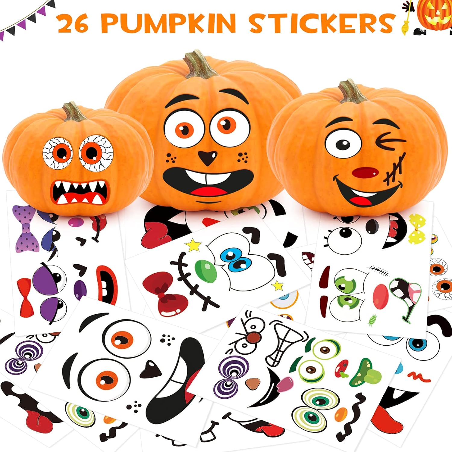 BainGsek Halloween Pumpkin Face Stickers for Kids – Safe No-Carve Decorating for Home Porch and Classroom Party Crafts