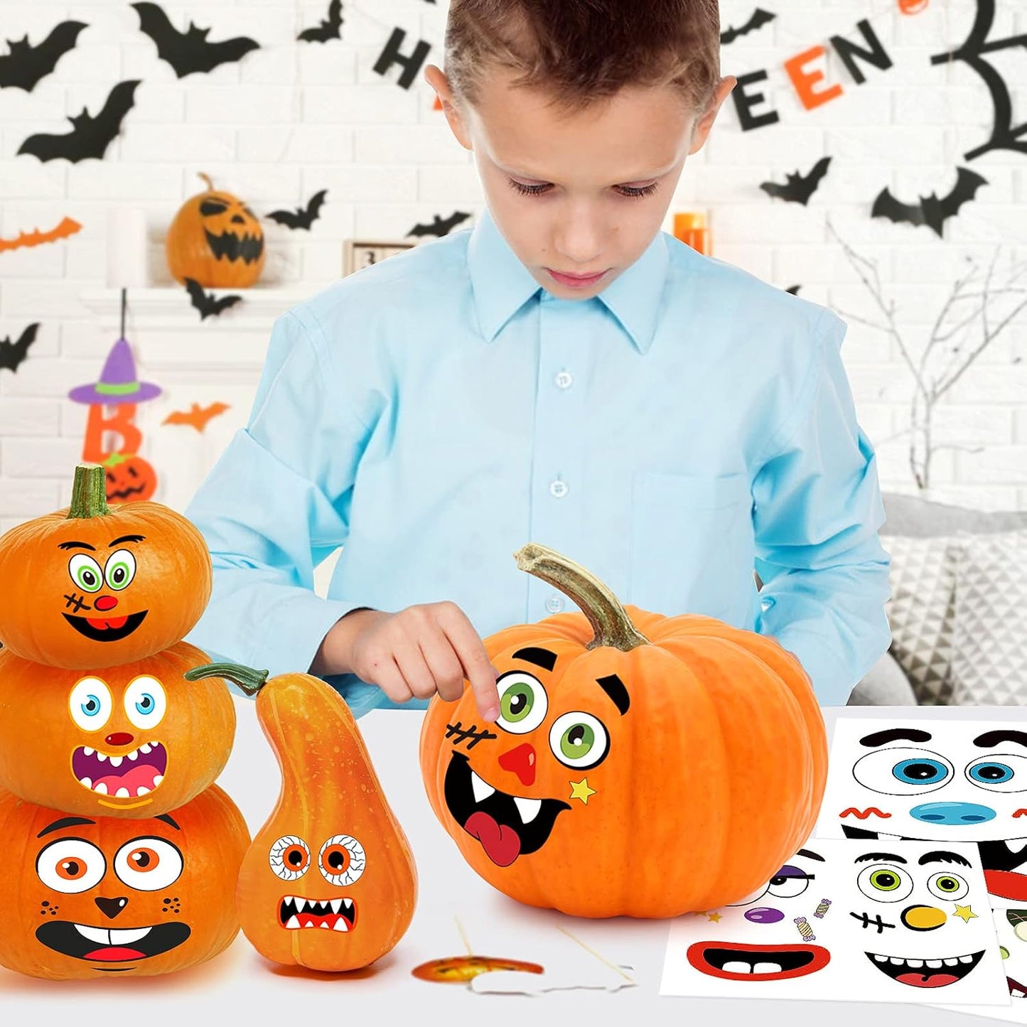 BainGsek Halloween Pumpkin Face Stickers for Kids – Safe No-Carve Decorating for Home Porch and Classroom Party Crafts