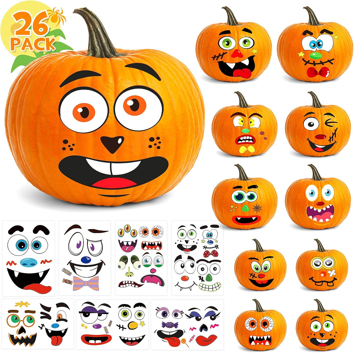BainGsek Halloween Pumpkin Face Stickers for Kids – Safe No-Carve Decorating for Home Porch and Classroom Party Crafts