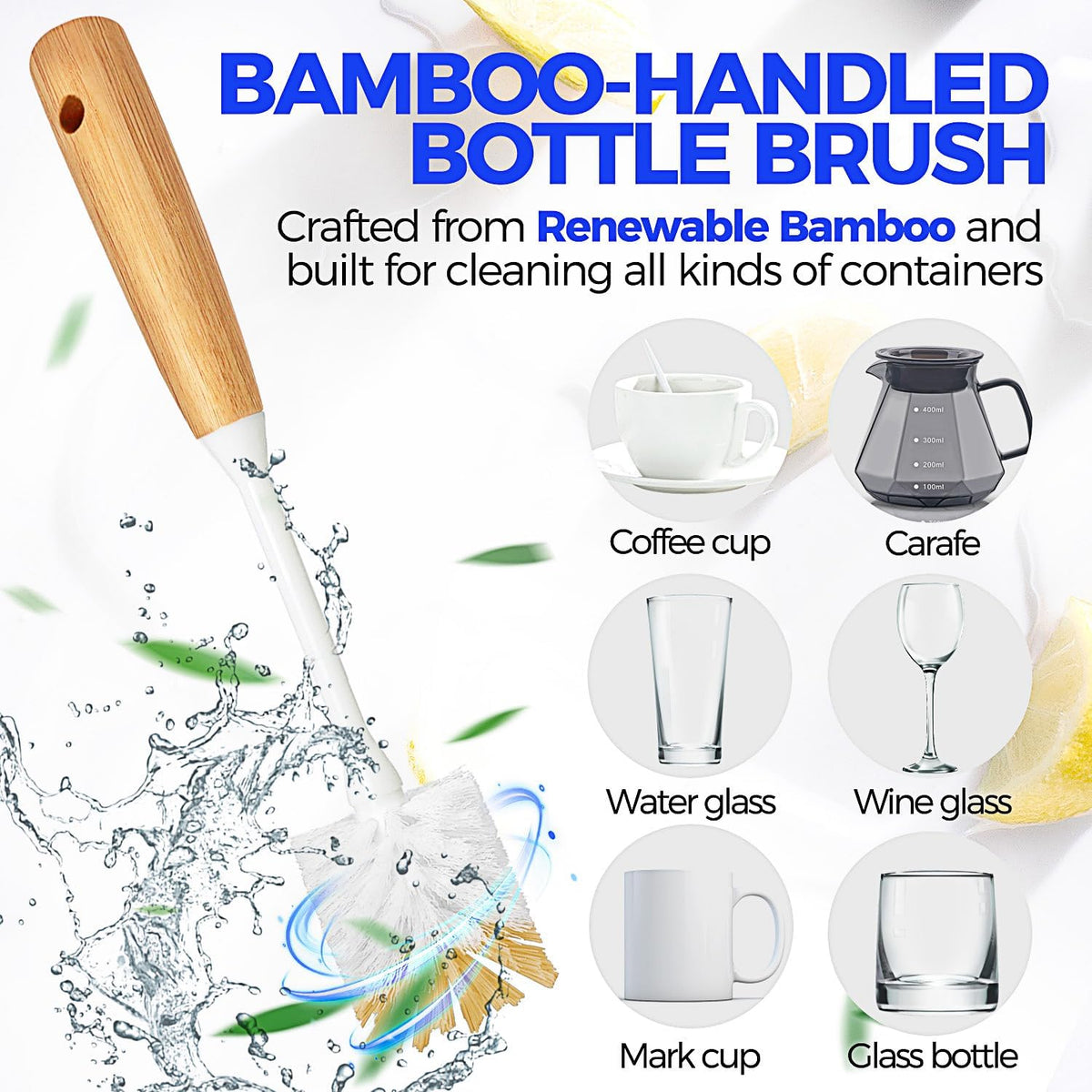 bamboo handle material on bottle and dish brushes for durability and sustainability