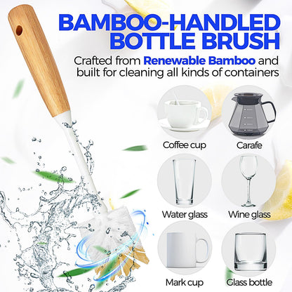 bamboo handle material on bottle and dish brushes for durability and sustainability