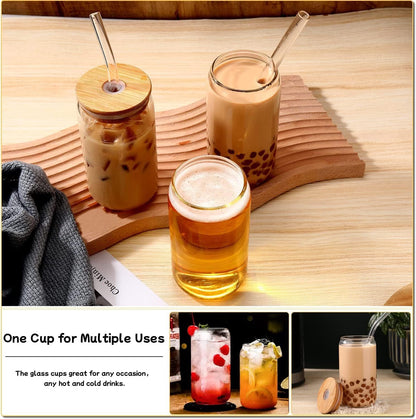 bamboo lid paired with reusable glass straw and 2 cleaning brushes