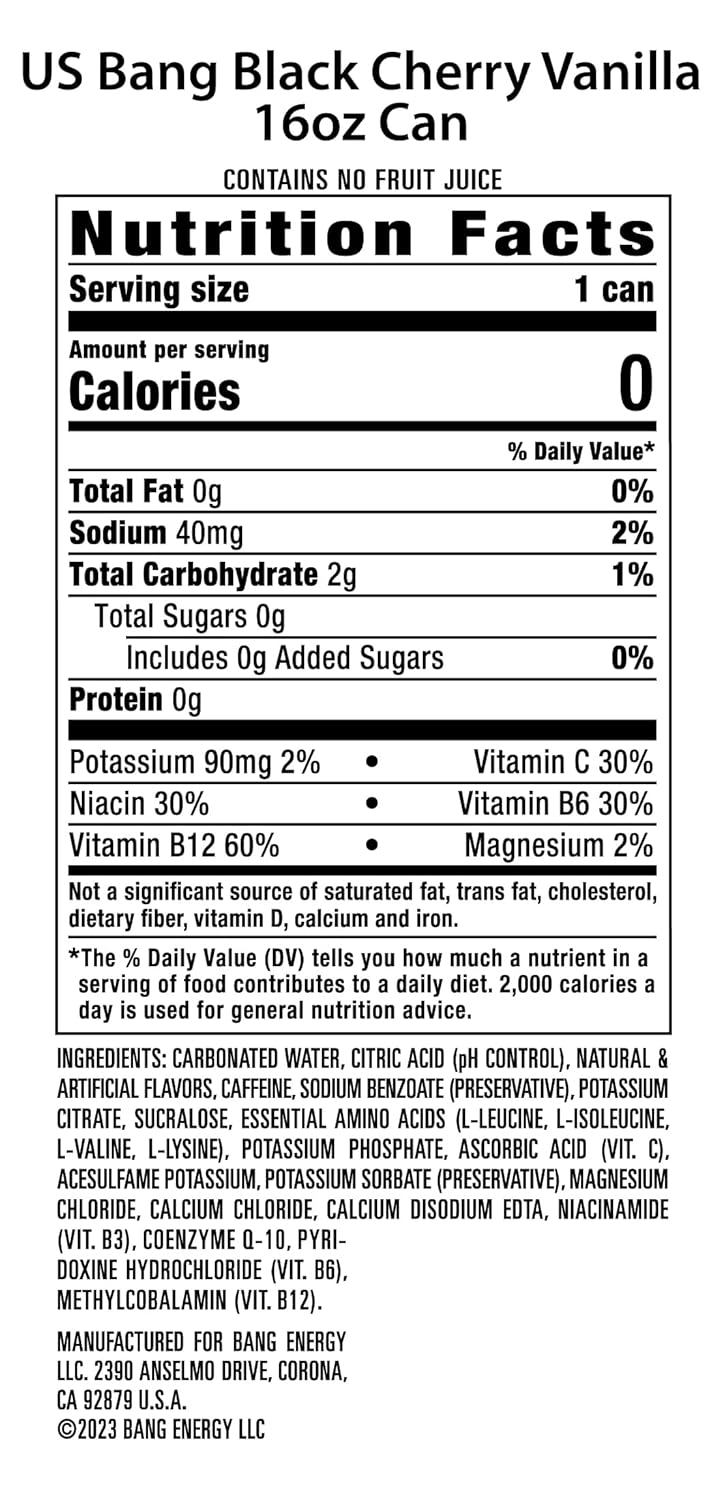 Bang Energy Black Cherry Vanilla – Clean-Label Energy Boost for Low-Carb Wellness Routines, 16 oz Pack of 12