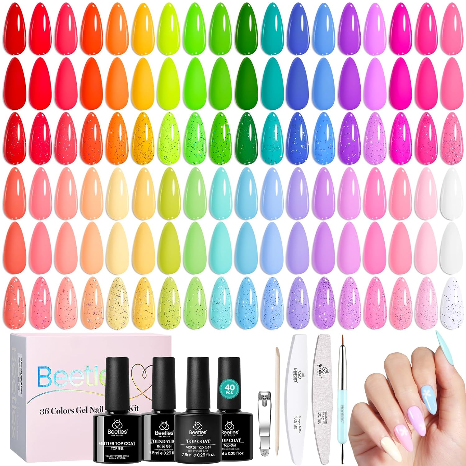 Beetles 36-Color Gel Polish Set – Mother's Day Gift Box with Base Glossy Matte and Glitter Top Coats for At-Home Manicure Lovers