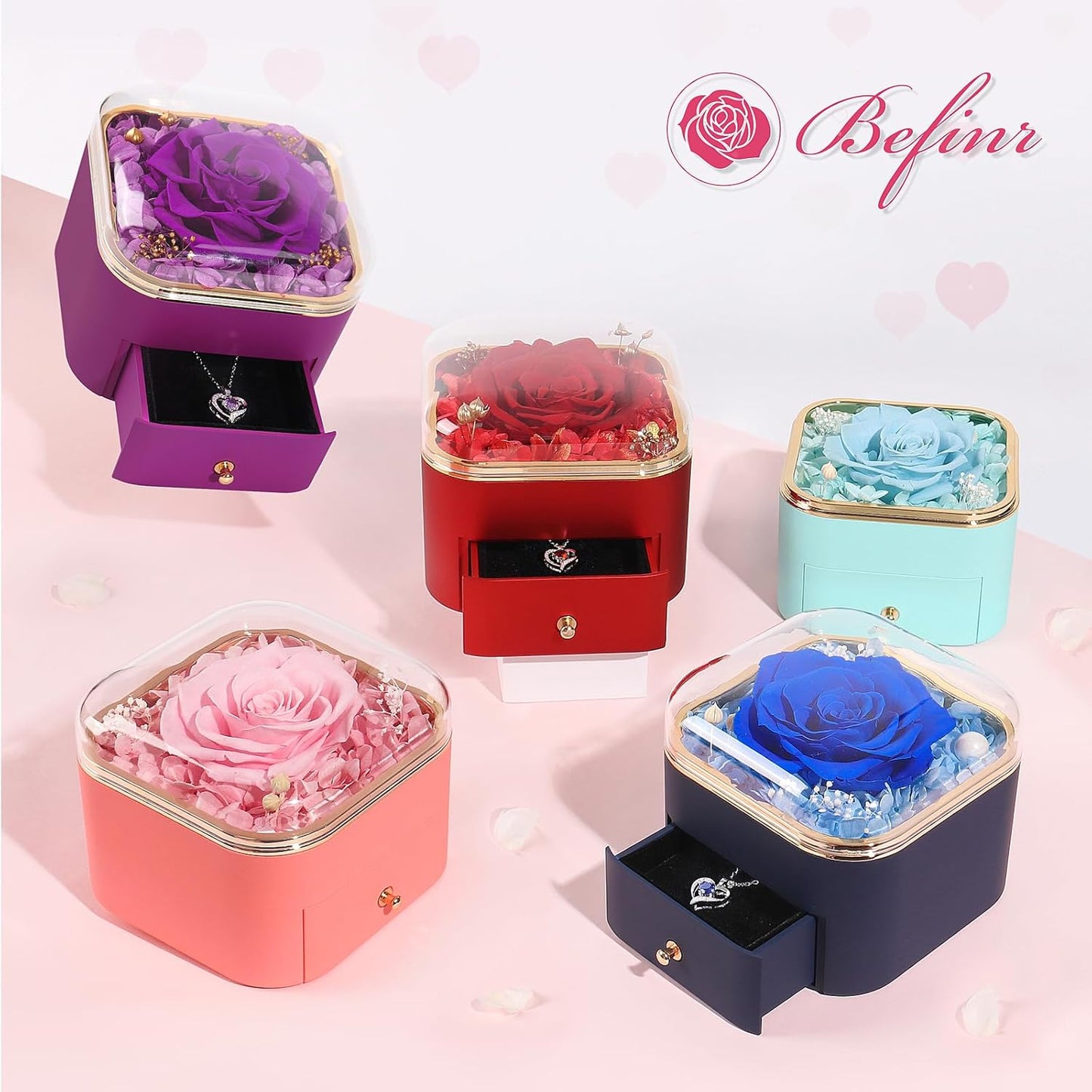 Beferr Preserved Real Rose with CZ Heart Necklace – Premium Anniversary Gift, Elegant Jewelry Box Presentation