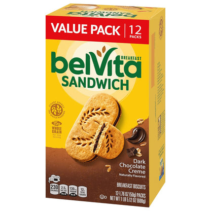 belVita Breakfast Biscuit Sandwiches – Office Desk Snack for Mid-Morning Focus, Dark Chocolate Creme 12-Pack