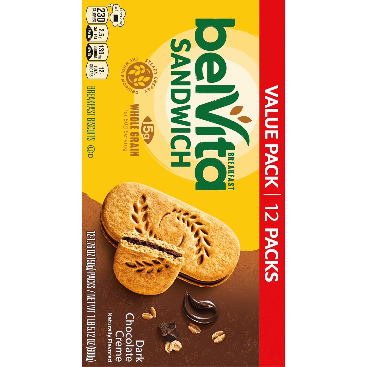 belVita Breakfast Biscuit Sandwiches – Office Desk Snack for Mid-Morning Focus, Dark Chocolate Creme 12-Pack