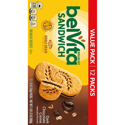 belVita Breakfast Biscuit Sandwiches – Office Desk Snack for Mid-Morning Focus, Dark Chocolate Creme 12-Pack