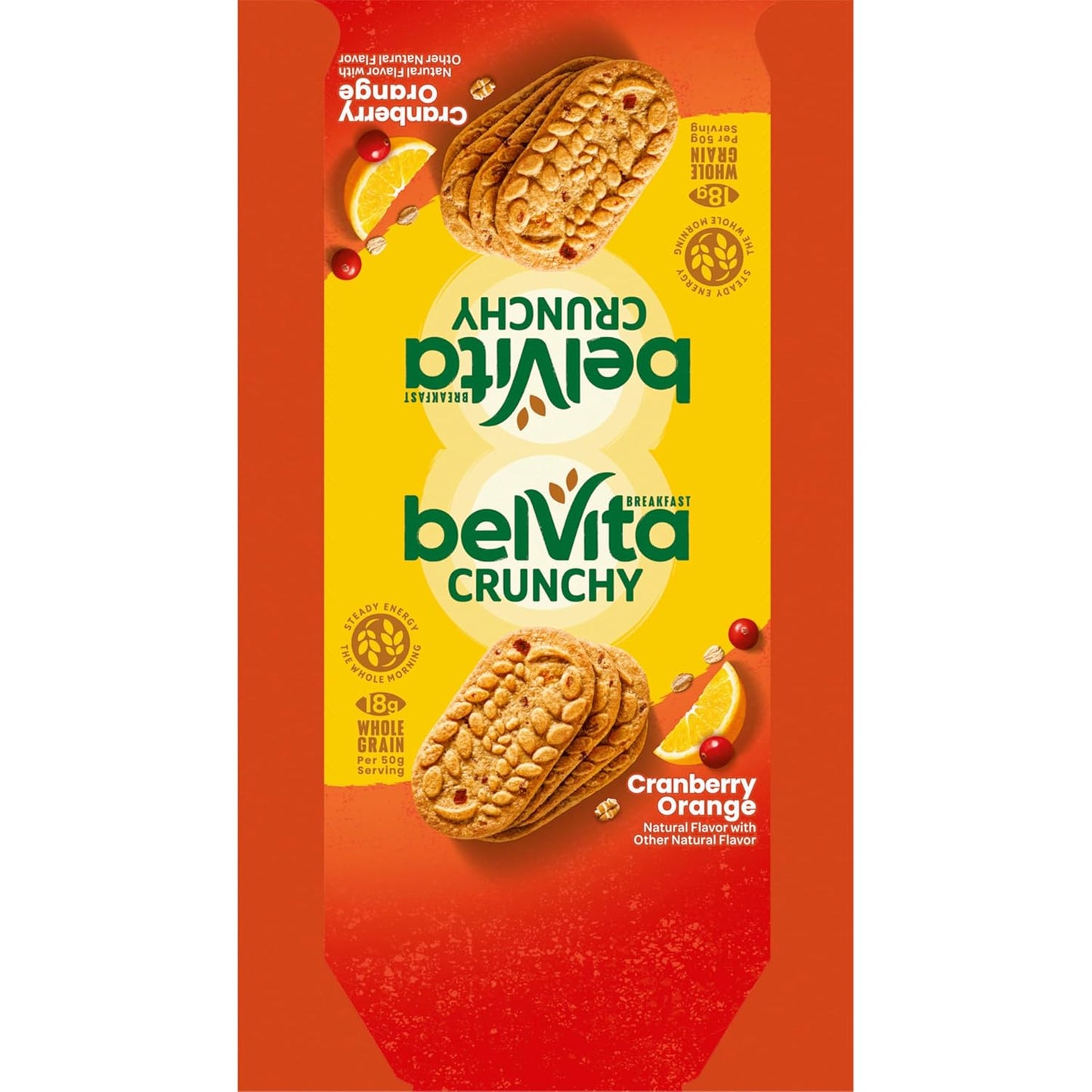 belVita Cranberry Orange Breakfast Biscuits – Office Desk Snack for Steady Morning Focus, 8 Packs of 4 Crunchy Bars