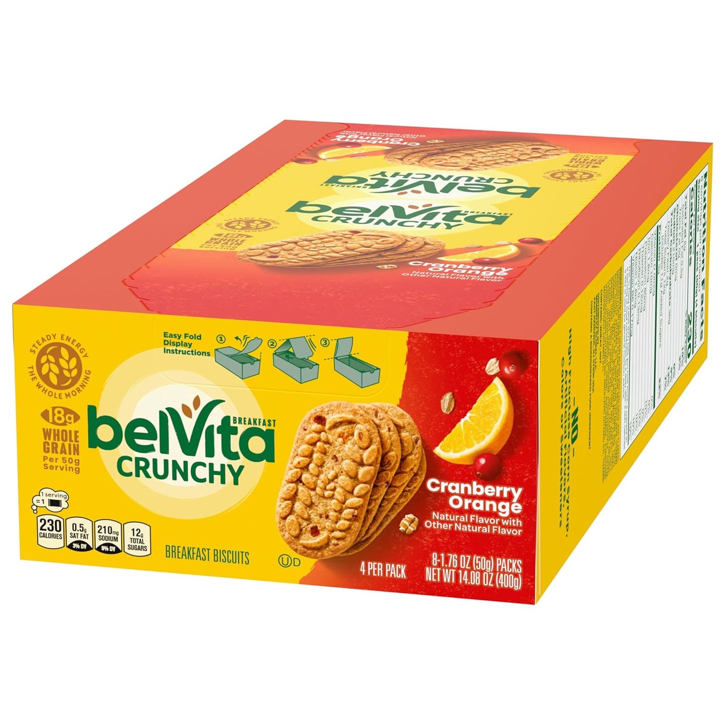 belVita Cranberry Orange Breakfast Biscuits – Office Desk Snack for Steady Morning Focus, 8 Packs of 4 Crunchy Bars