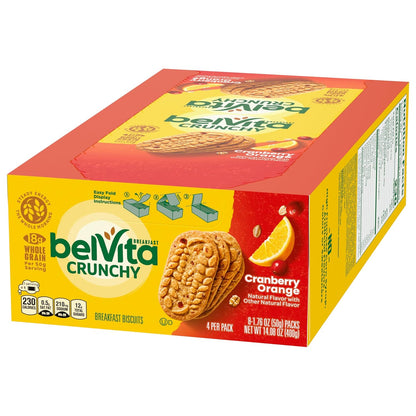 belVita Cranberry Orange Breakfast Biscuits – Office Desk Snack for Steady Morning Focus, 8 Packs of 4 Crunchy Bars