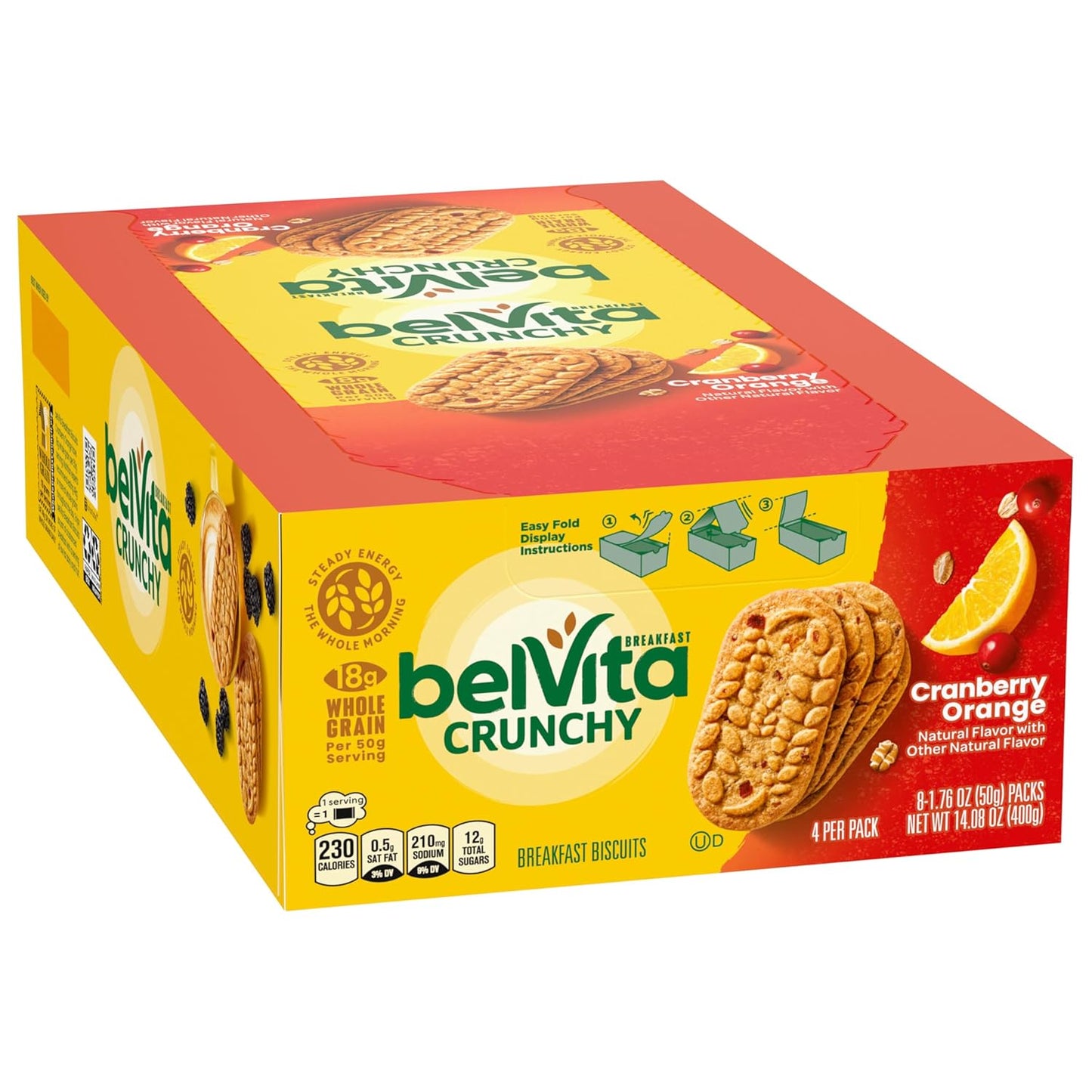 belVita Cranberry Orange Breakfast Biscuits – Office Desk Snack for Steady Morning Focus, 8 Packs of 4 Crunchy Bars
