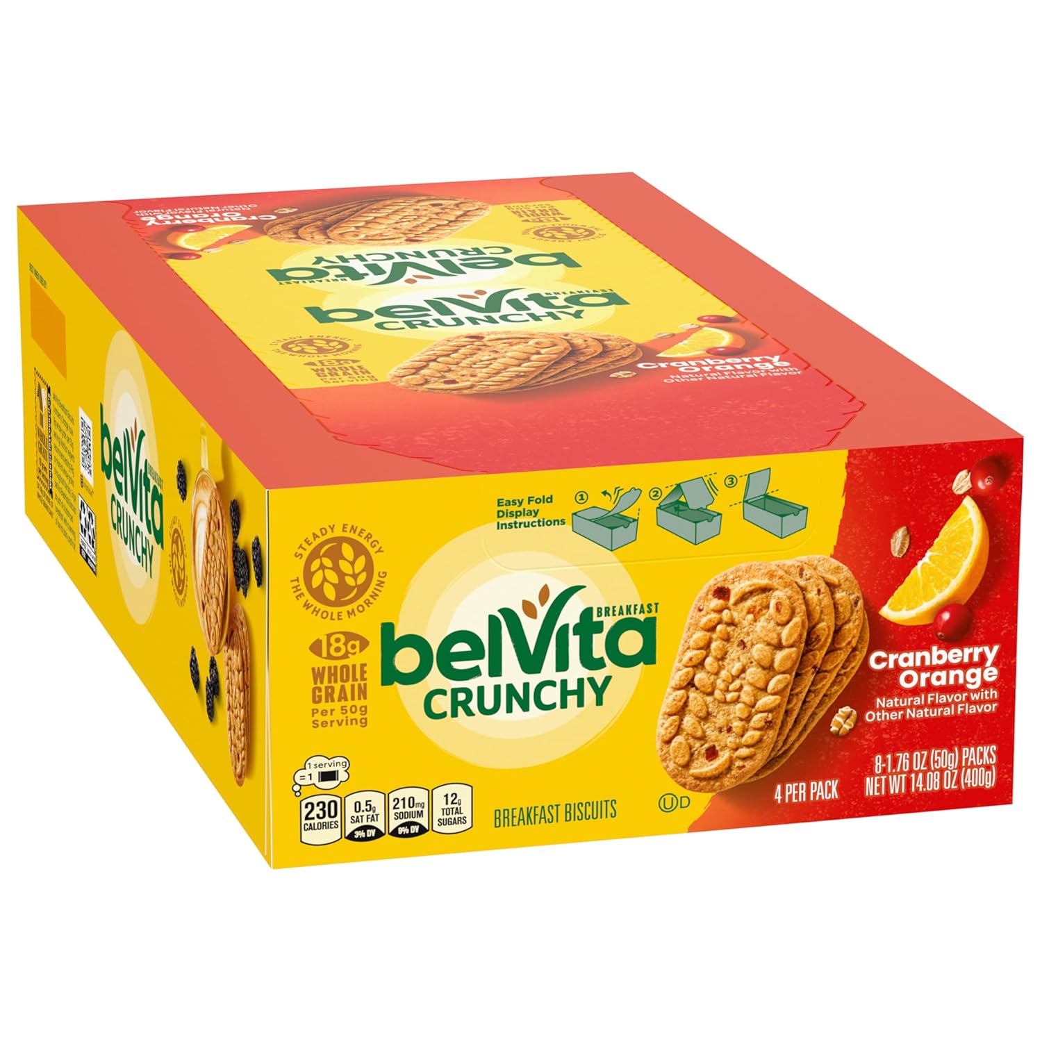 belVita Cranberry Orange Breakfast Biscuits – Office Desk Snack for Steady Morning Focus, 8 Packs of 4 Crunchy Bars