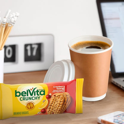 belVita Cranberry Orange Breakfast Biscuits – Office Desk Snack for Steady Morning Focus, 8 Packs of 4 Crunchy Bars