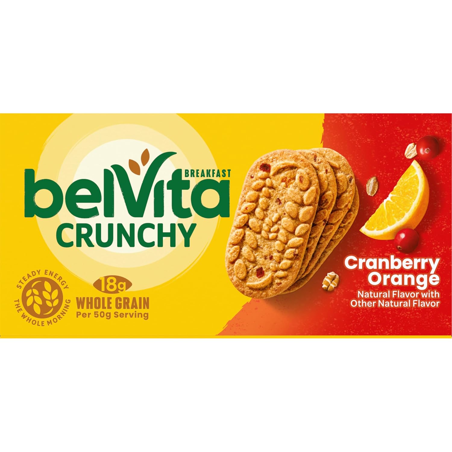 belVita Cranberry Orange Breakfast Biscuits – Office Desk Snack for Steady Morning Focus, 8 Packs of 4 Crunchy Bars