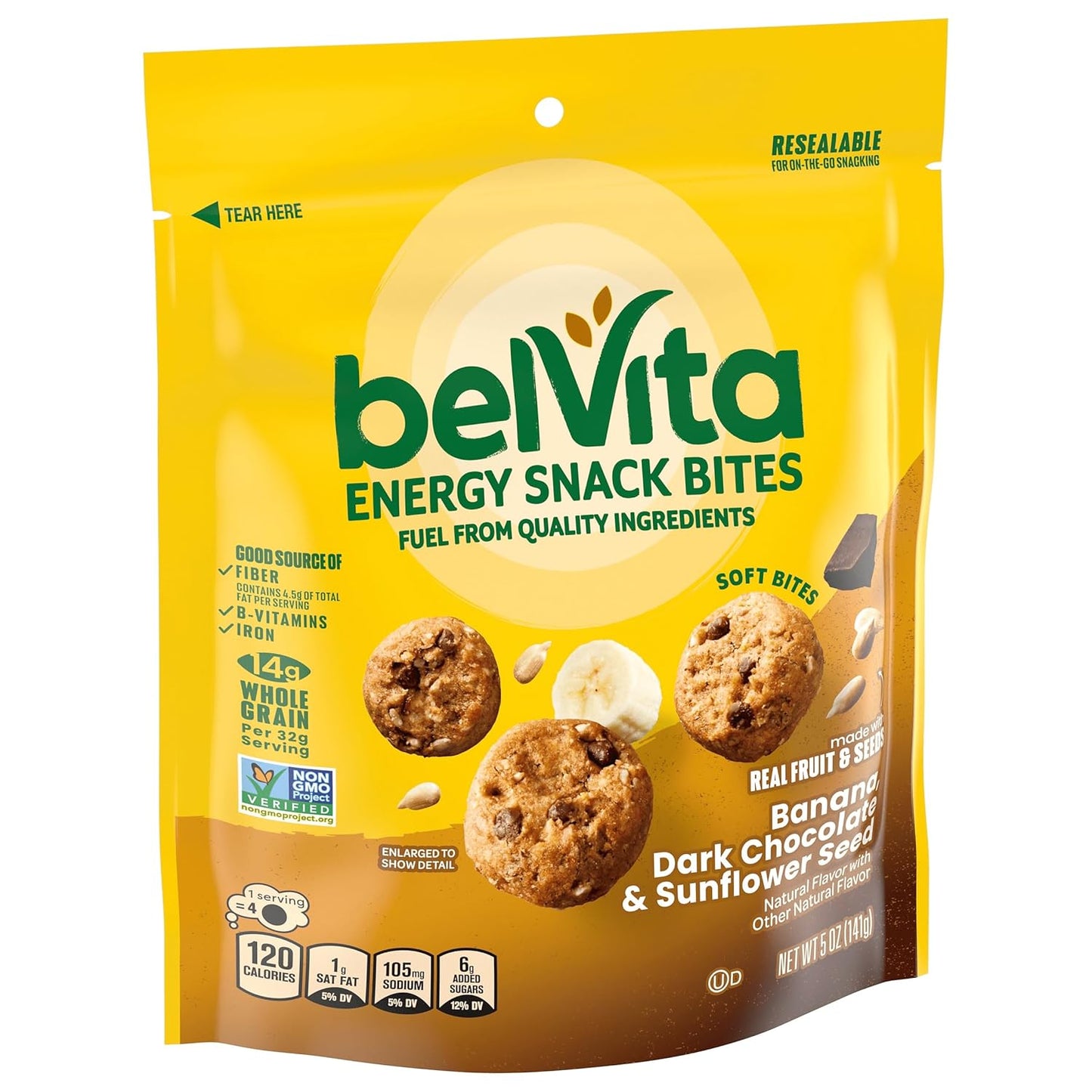 belVita Energy Snack Bites Banana Dark Chocolate – Clean Label Pantry Snack with 14g Whole Grain, 5 oz Pouch