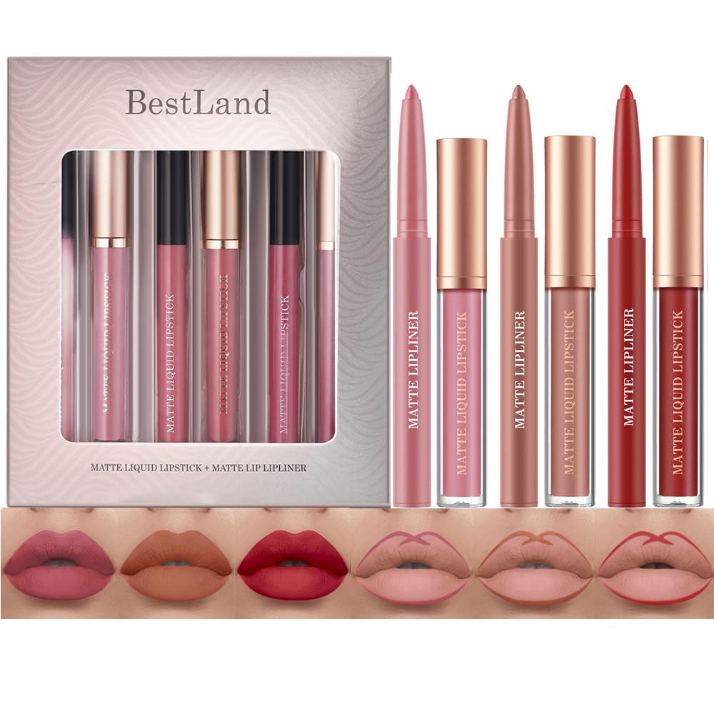 BestLand 6Pcs Matte Liquid Lipstick + Lip Liner Pens Set, One Step Lips Makeup Kits Pigment Velvety Nude Lip Stain Waterproof Long Wear Lip Gloss Make up Gift Set (Chic Shades Lip Set)