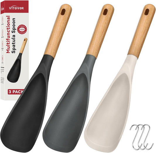 beveled flexible silicone head that scrapes bowls and pans clean while being gentle on nonstick surfaces